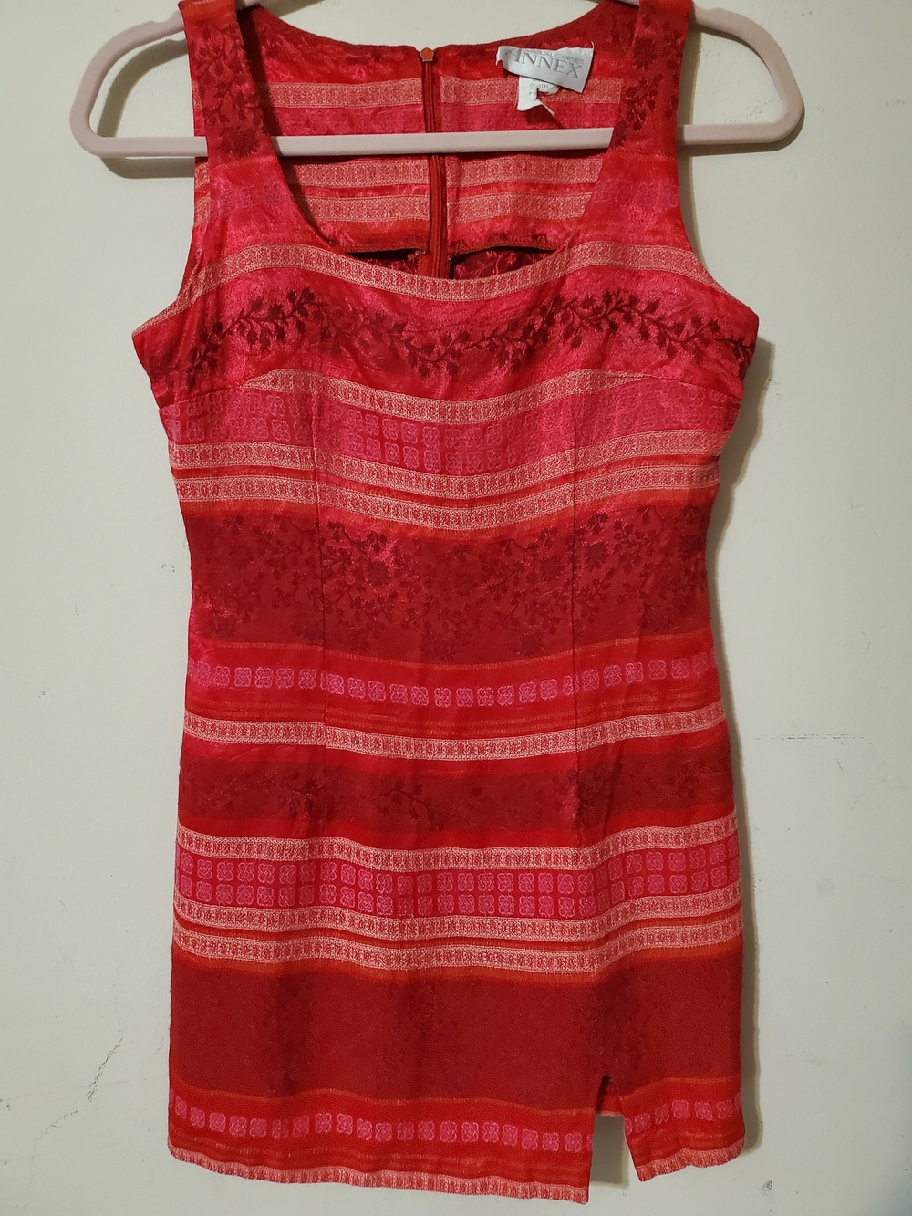 Vintage 90s Red Satin Ornate Striped Mini Sheath Dress